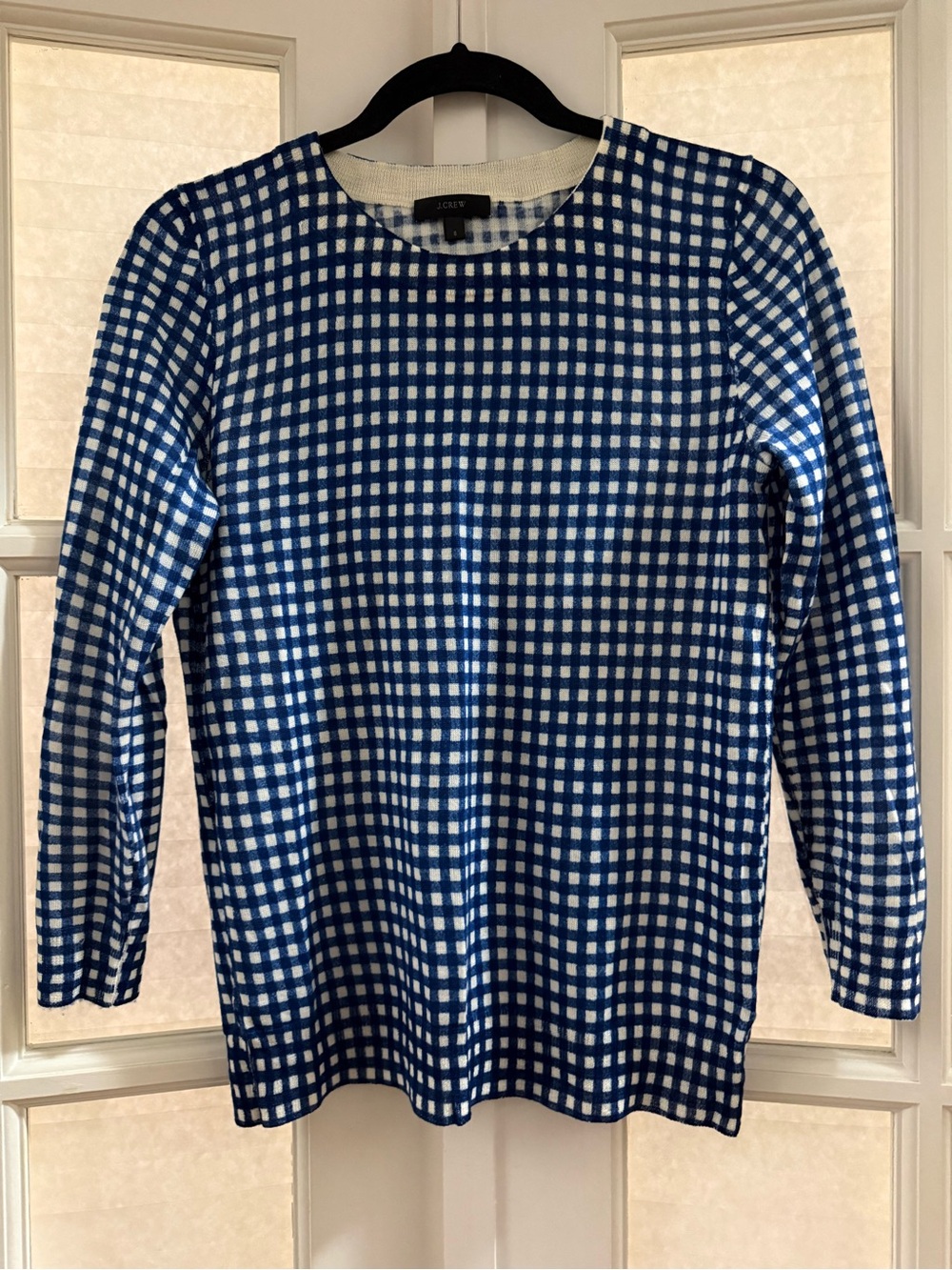 J. Crew Blue and White Gingham Crewneck Sweater